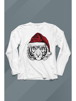 Kendim Seçtim Tiger Wild Cat Kaplan Fesli Noel Şapkalı Yılbaşı Christmas Uzun Kollu Tişört