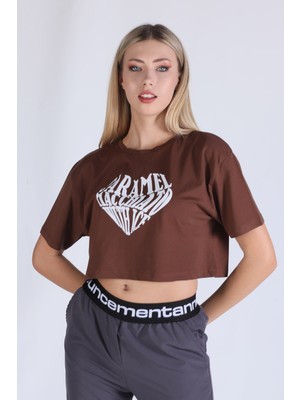 Rays 5164 Caramel Baskı Crop Tshirt Kahve