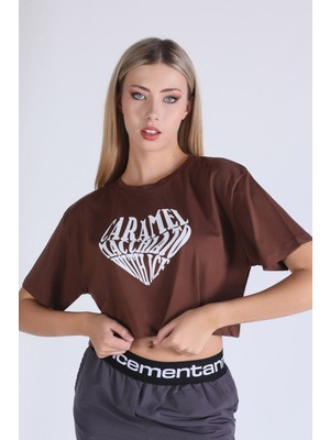 Rays 5164 Caramel Baskı Crop Tshirt Kahve