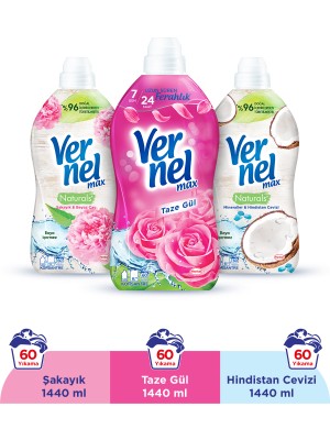 Vernel Max Taze Gül 1.44L & Vernel Max Naturals Şakayık ve Beyaz Çay 1.44L & Vernel Max Naturals Mineraller ve Hindistan Cevizi 1.44L (3'lü Set)