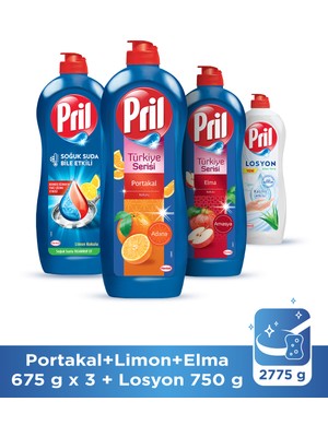 Pril Limon 653ml + Pril Türkiye Serisi 653ml x 2 Adet (Portakal + Elma Kokulu) + Pril Losyon Aloe Vera 750ml Sıvı Bulaşık Deterjanı