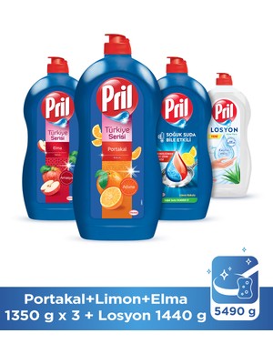 Pril Limon 1306ml + Pril Türkiye Serisi 1306ml x 2 Adet (Portakal + Elma Kokulu) + Pril Losyon Aloe Vera 1405ml Sıvı Bulaşık Deterjanı