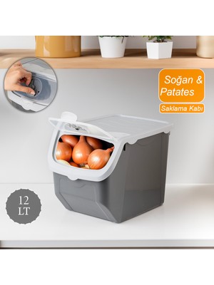 Porsima Coral Çok Amaçlı Plastik Patates Soğan Sarımsak Saklama Kutusu 12 lt Gri