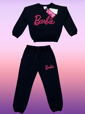 Lolli Boom Kids  Kız Çocuk Barbie Baskılı Siyah Üzeri Fuşya Renk Alt Üst Eşofman Takımı Sweatshirt / Eşofman Altı