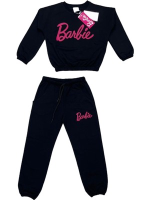 Lolli Boom Kids  Kız Çocuk Barbie Baskılı Siyah Üzeri Fuşya Renk Alt Üst Eşofman Takımı Sweatshirt / Eşofman Altı