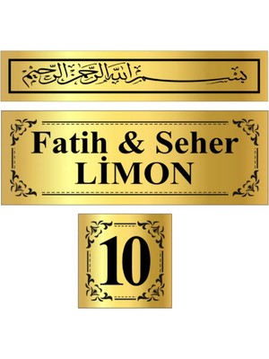 Lim10 3'lü Metal Kapı İsimliği Seti, Altın Renk, 15x5 cm ve 5x5 cm Ölçülerinde
