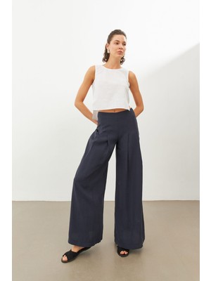 Stella Pulvis Lacivert Pileli Yüksek Bel Modal Palazzo Pantolon