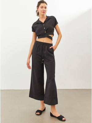 Stella Pulvis Siyah Keten Beli Lastikli Yüksek Bel Pantolon