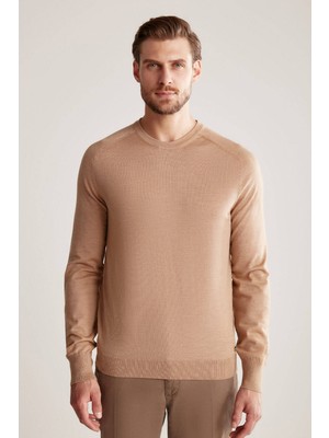 Hemington Slim Fit Bisiklet Yaka Camel Merino Yün Triko