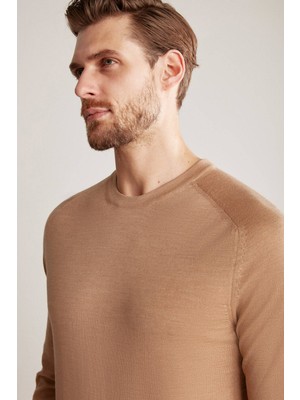 Hemington Slim Fit Bisiklet Yaka Camel Merino Yün Triko