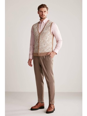 Hemington Şal Desen Camel Merino Yün Triko Yelek