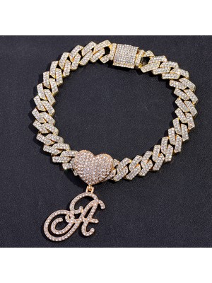 Masoffy T Hip Hop Bling A-Z Cursive Ilk Harf Küba Zincir Bilezikler Kadınlar Için Buzlu Out Rhinestone Prong Küba Bilezik Trendy Takı (Yurt Dışından)