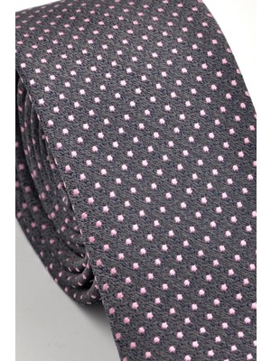 Gaffy Pembe Noktalı Puantiye Gri Dokuma Kumaş Mendilli Slim Fit Kravat SDK230914