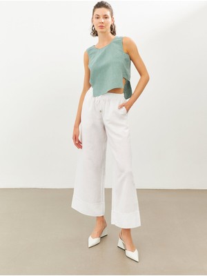 Stella Pulvis Beyaz Keten Beli Lastikli Yüksek Bel Pantolon