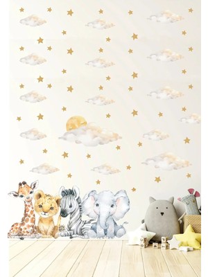 Kt Grup Yavru Aslan Fil Zebra Zürafa Ay Bulutlar ve Yıldızlar 125 Parça Premium Duvar Sticker Seti