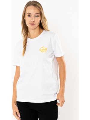 Coredra Wave Regular T-Shirt Kadın - Beyaz