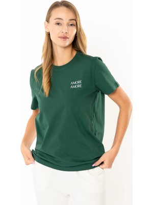 Coredra Amore Regular T-Shirt Kadın - Yeşil