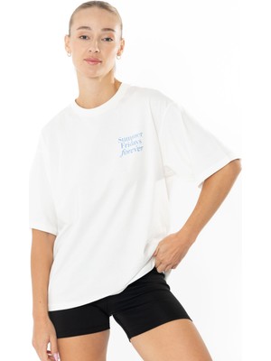 Coredra Forever Oversize T-Shirt Kadın - Ekru
