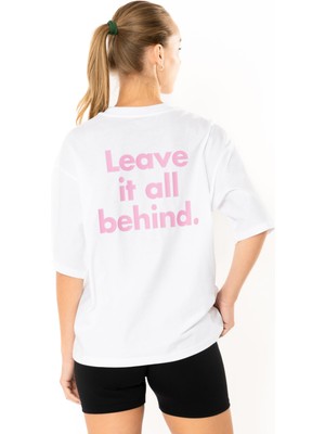 Coredra Leave Oversize T-Shirt Kadın - Beyaz