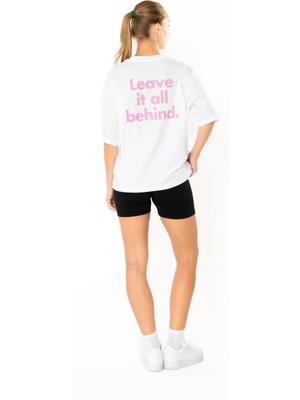 Coredra Leave Oversize T-Shirt Kadın - Beyaz