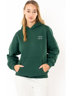 Coredra Amore Oversize Hoodie Kadın - Yeşil