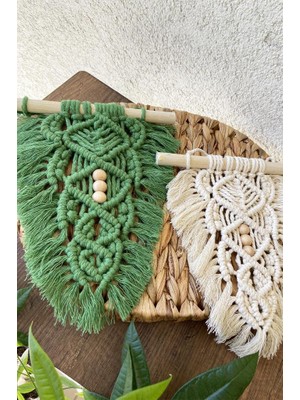 Floral Macrame Design  Boncuklu Yeşil Krem 2'li Makrome Duvar Dekoru