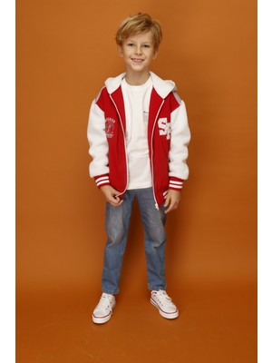 Orca Kids Fashion 4-16 Yaş Aralığı Superior Mont Kırmızı & Optik Beyaz Denim Premıum Sweat Kombin