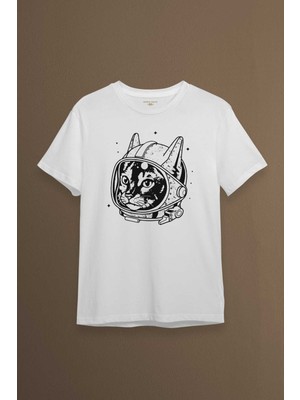 Kendim Seçtim Beyaz Unisex Kedi Kozmonot Meow Astronot Cat Nasa Uzay Baskılı T-Shirt