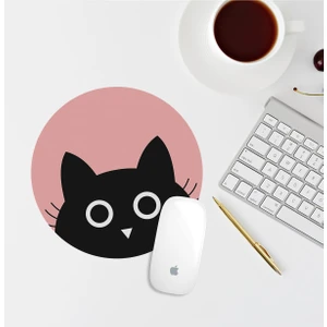 Baskı Tech Siyah Kedili Pembe Yuvarlak Mouse Pad Mouse Altlığı