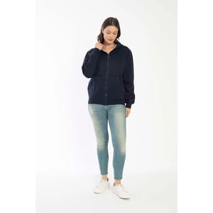 Kadın Akrilik Düz Kapüşonlu Cepli Lacivert Sweatshirt
