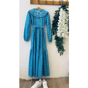 Küçüğüm Butik Tesettür Seyyar Yakalı Mavi Kat Kat Poplin Elbise