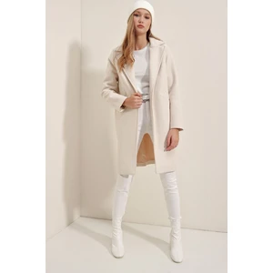 Kadın Ekru Tek Düğmeli Çift Cepli Astarlı Şık Kaşe Kaban HZL23W-BD190851