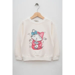 Kız Çocuk Ekru Renkli Uzun Kollu Kedi Baskılı Sweatshirt