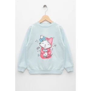 Kız Çocuk Açık Yeşil Renkli Uzun Kollu Kedi Baskılı Sweatshirt