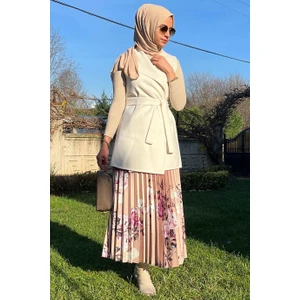 Rabia Şamlı Bej Çiçekli Plise Etek