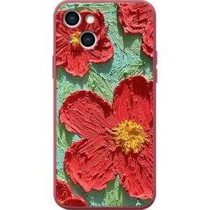 Forestl Digital Apple iPhone 13 Telefon Kasası 6.1 Inç Canlı Yağlı Boya Çiçek Desenli Telefon Kasası Anti-Çizik Yumuşak Tpu Arka Kapak Kırmızısı (Yurt Dışından)