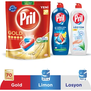 Gold Bulaşık Deterjanı 70 Tablet + Pril Soğuk Suda Bile Etkili Limon 653ml Sıvı Bulaşık Deterjanı + Pril Losyon Aloe Vera 750ml Sıvı Bulaşık Deterjanı