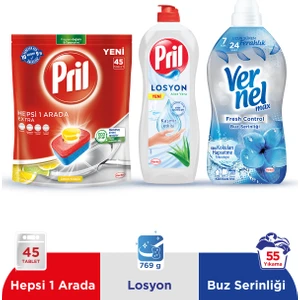 Hepsi Bir Arada Extra Bulaşık Makinesi Deterjanı 45 Tablet + Pril Losyon Aloe Vera 750ml Sıvı Bulaşık Deterjanı + Vernel Yumuşatcı Buz 1320ml