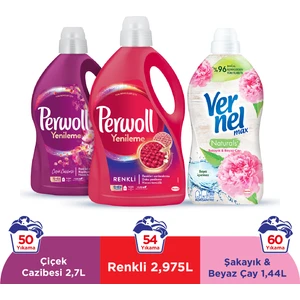 Yenileme Renkli 2x2.97L & Perwoll Yenileme Çiçek Cazibesi Renkliler 2.75L & Vernel Max Naturals Şakayık ve Beyaz Çay 1.44L