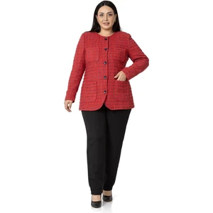 Disentis Modest Büyük Beden Cepli Yakasız Simli Şanel Kırmızı Astarlı Ceket
