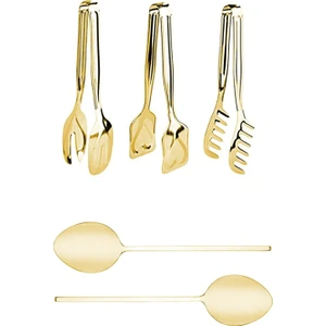5'li Altın Titanyum Kaplama Pasta Makarna Salata Maşa Servis Kaşık Set, Gold Kaplama Maşa Set