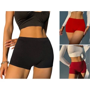 Kadın Kaşkorse Kumaş Boxer Şort Külot 3lü Set Siyah Bordo Kırmızı 60300
