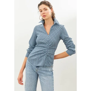 Stella Pulvis Mavi Pile Detaylı Kruvaze Çizgili Gömlek