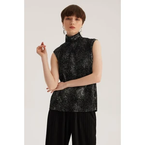 Stella Pulvis Siyah Boğazlı Simli Pliseli Kolsuz Bluz