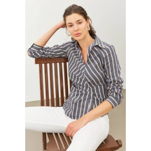 Stella Pulvis Gri Pile Detaylı Kruvaze Çizgili Gömlek