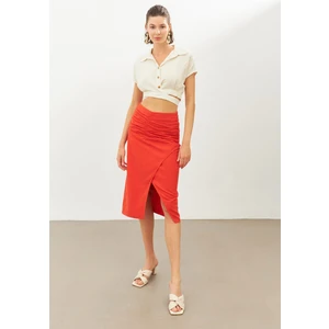 Stella Pulvis Kırmızı Keten Büzgülü Midi Etek