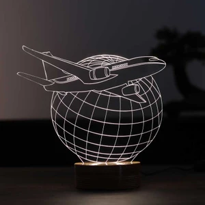 By Lamp Uçak ve Dünya Figürlü Dekoratif Hediye Led Masa Lambası | 7 Işık Rengi | Ahşap Taban