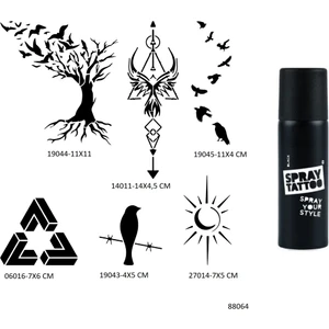 Airbrush Tattoo Hayat Ağacı ve Kuşlar 6 Adet Şablon ve Siyah Sprey Geçici Dövme Seti