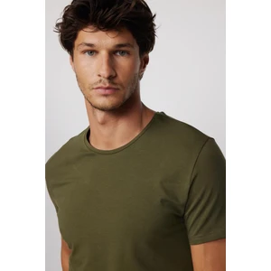 Slim Fit Bisiklet Yaka Düz Basıc Kısa Kol Haki T-Shirt