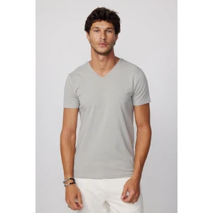 Slim Fit V Yaka Düz Basıc Kısa Kol Gri T-Shirt